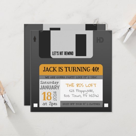 フロッピッおもしろいプディスク80s 90s誕生日招待状 招待状 (正面/裏面インサイチュ)