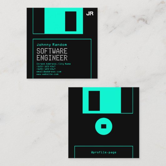 フロッピーディスク（黒）、レトロスタイル  スクエア名刺 (正面/裏面)