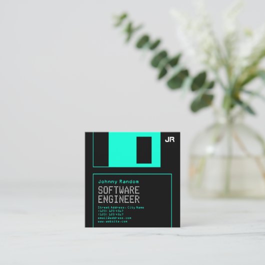 フロッピーディスク(黒)、レトロスタイル  スクエア名刺 (スタンド正面)