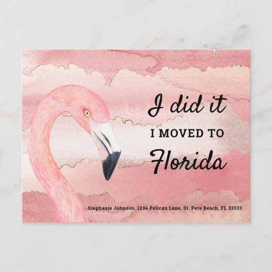 フロリダに移動したピンクのフラミンゴの水彩雲 案内ポストカード (正面)