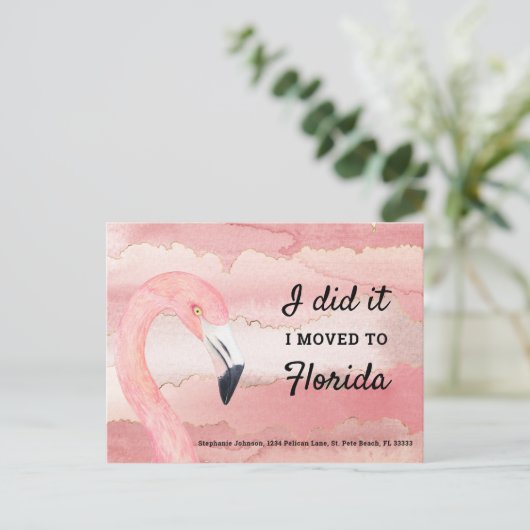 フロリダに移動したピンクのフラミンゴの水彩雲 案内ポストカード (スタンド正面)