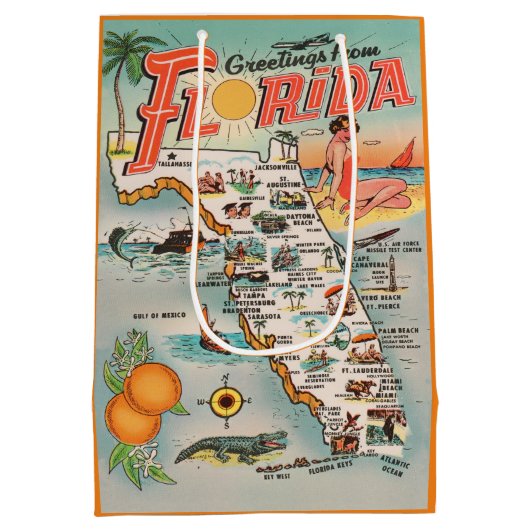 フロリダのヴィンテージ旅行地図からの挨拶 ミディアムペーパーバッグ (裏面)