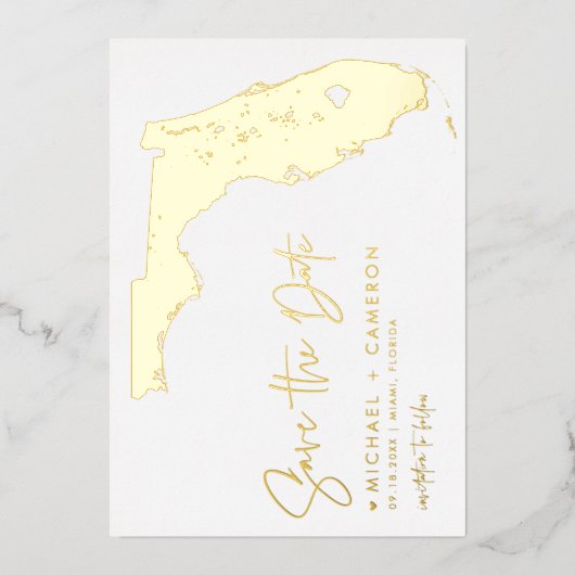 フロリダの地図ミニマルなスクリプト写真の日付を保存 箔招待状 (正面)