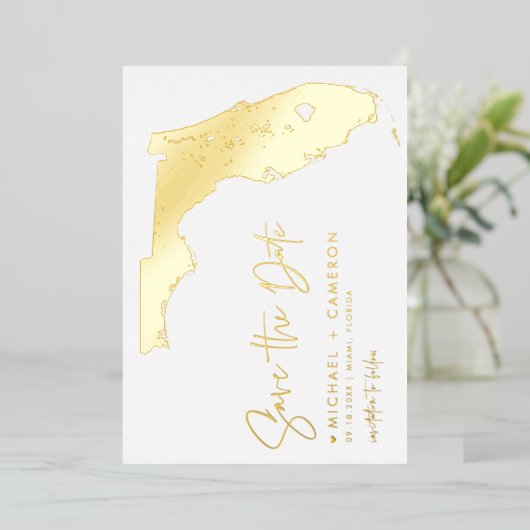 フロリダの地図ミニマルなスクリプト写真の日付を保存 箔招待状 (立ち正面)
