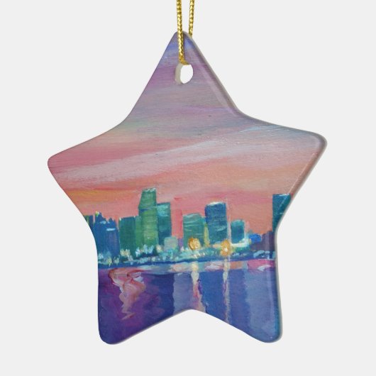 フロリダの日没のマイアミのスカイラインのシルエット セラミックオーナメント (左)