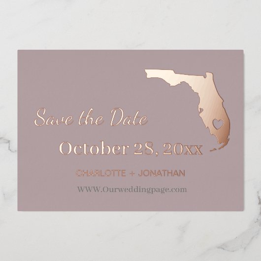 フロリダの結婚式 保存日付 ローズゴールド 箔招待状 (正面)