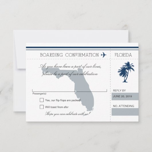 フロリダの青と灰の航空券への出欠確認 招待状 (正面)