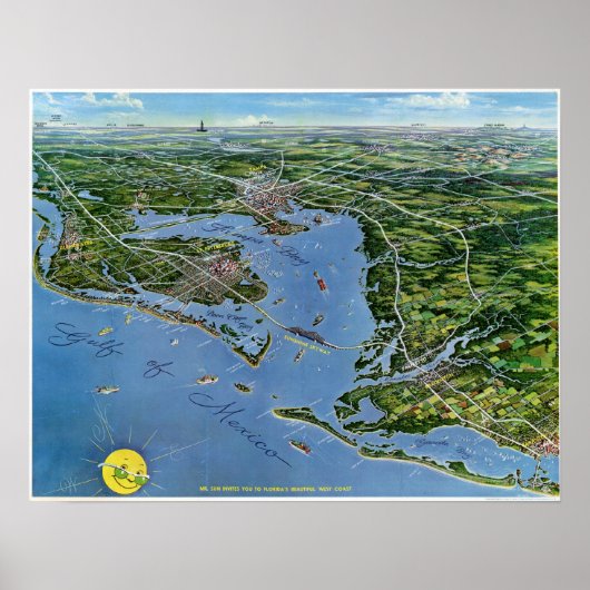 フロリダウエストコーストパノラミックヴィンテージマップ ポスター (正面)