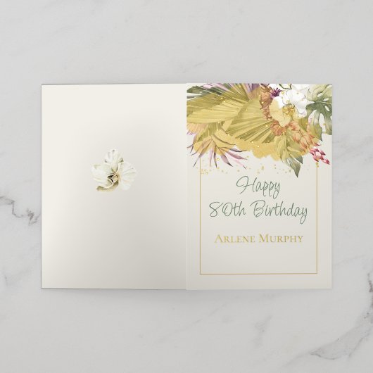 フロリダトロピカルパームズアンドオーキッド80誕生日 箔グリーティングカード (外側レイダウン)