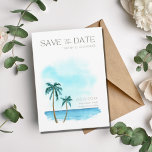 フロリダビーチフォトウォーターカラー目的地の結婚式 セーブザデート<br><div class="desc">水の色のヤシの木のデザインは、フロリダまたはその他の熱帯または沿岸の場所で目的地のビーチ結婚式の日付カードを保存する。前面カスタマイズと結婚の詳細を追加し、背面に写真。</div>