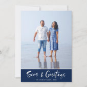 フロリダビーチブルーストライプファミリーフォトクリスマス シーズンカード (正面)