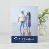 フロリダビーチブルーストライプファミリーフォトクリスマス シーズンカード (スタンド正面)