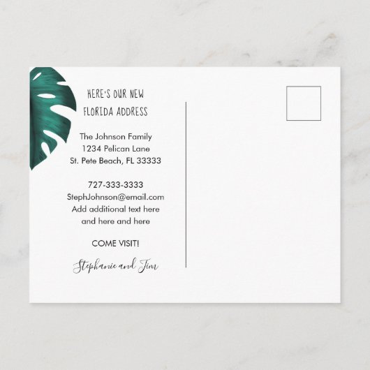 フロリダピンクフラミンゴモンステラ葉に移動 案内ポストカード (裏面)