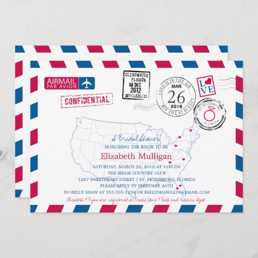 フロリダブライダルシャワー | 米国の地図エアメール 招待状 (正面/裏面)