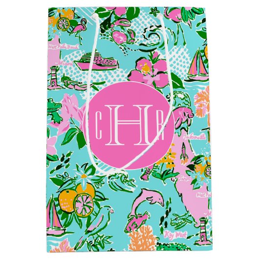 フロリダマップ名門私立校風のパームビーチパターモノグラムのン ミディアムペーパーバッグ (正面)