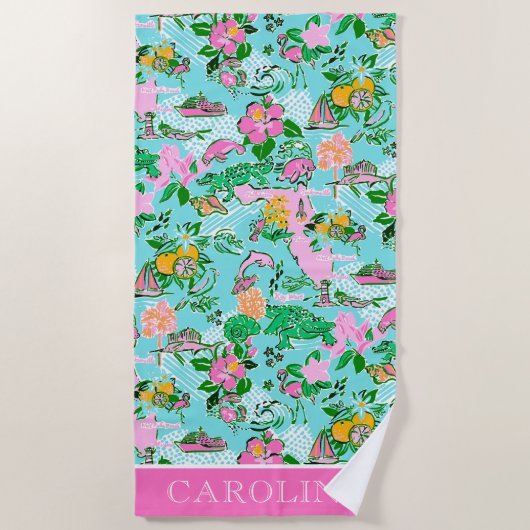 フロリダマップ名門私立校風のパームビーチパターンプリント ビーチタオル (正面)