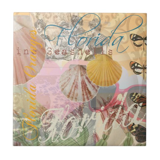 フロリダヴィンテージトラベルビーチシーシェルアート タイル (正面)