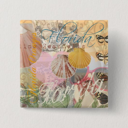 フロリダヴィンテージトラベルビーチシーシェルアート 缶バッジ (正面)