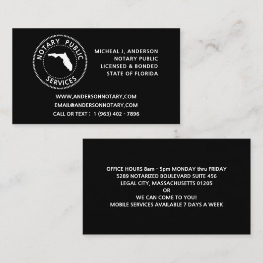 フロリダ公証人公共サービス 名刺 (正面/裏面)