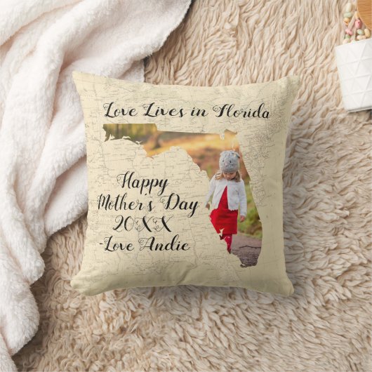 フロリダ州に住む古い地図州の形をした写真 クッション (ブランケット)