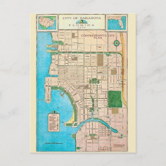 フロリダ州サラソタのビンテージ地図はがき ポストカード (正面)