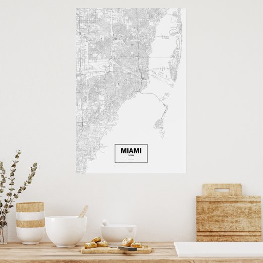 フロリダ州マイアミ(黒の上に白) ポスター (キッチン)