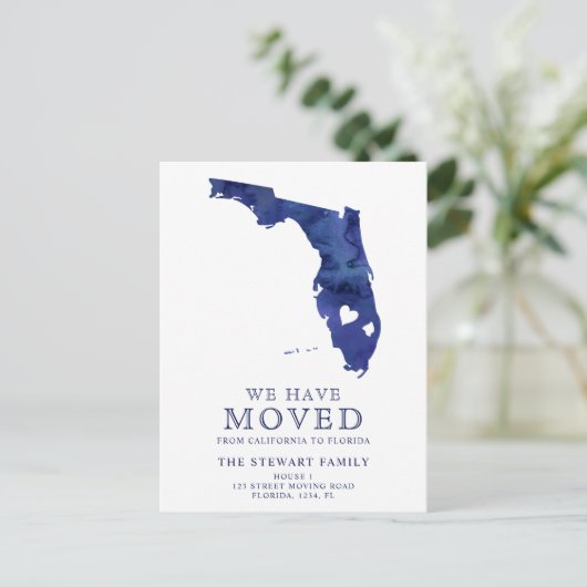 フロリダ州マップネービーブルーウォーターカラーホーム引越 案内ポストカード (スタンド正面)