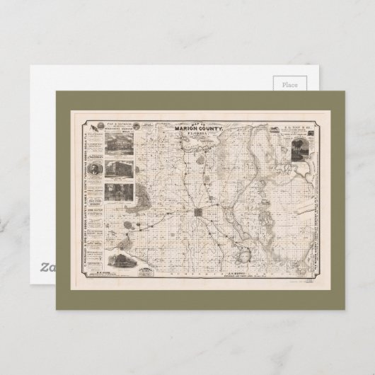 フロリダ州マリオン郡の地図(1892年) ポストカード (正面/裏面)