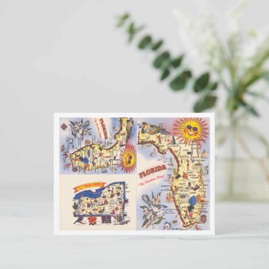 フロリダ州、ニューヨーク州の地図旅行からの挨拶 ポストカード (スタンド正面)