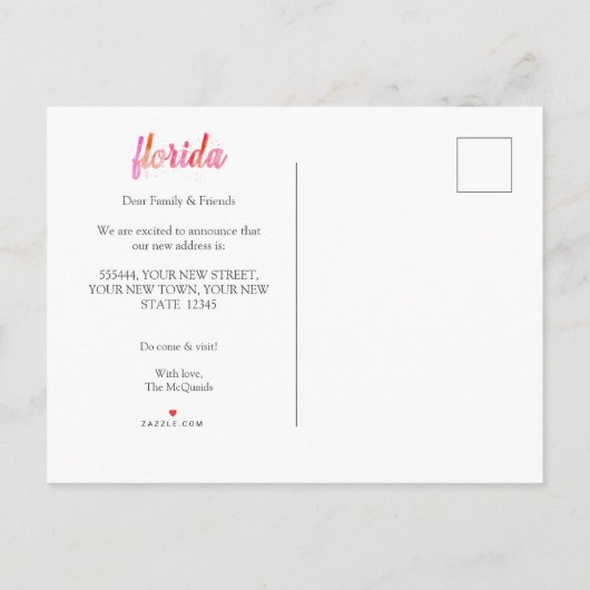 フロリダ引っ越しましたホットピンクス水色移動 案内ポストカード (裏面)