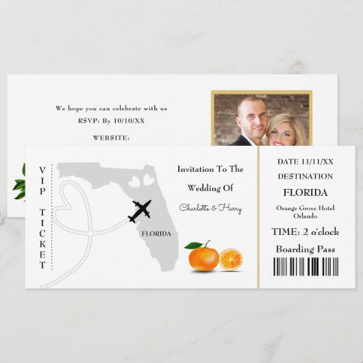 フロリダ ウェディング デスティネーション チケット ボーディングパス 招待状 (正面/裏面)