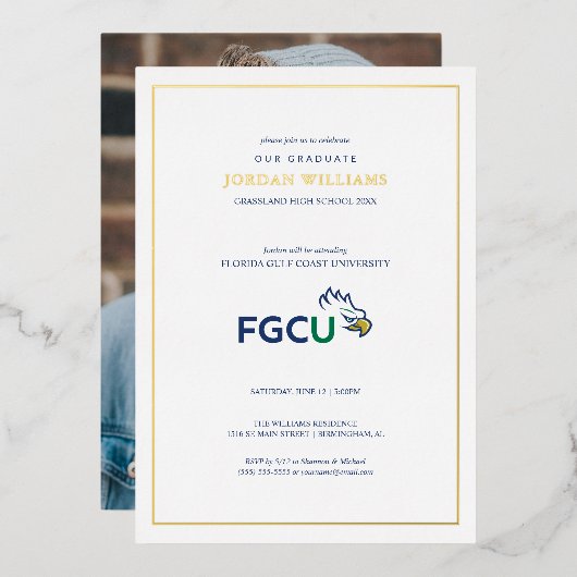 フロリダ・ガルフコースト大学の卒業式 箔招待状 (正面/裏面)