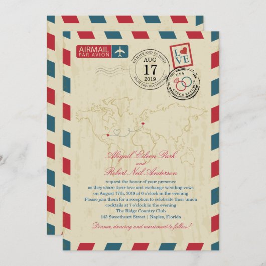 フロリダ・チェコ共和国ヴィンテージエアメ結婚ール 招待状 (正面/裏面)
