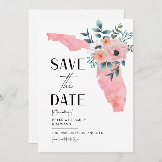 フロリダ デスティネーション ウェディング 水彩 フラワーリーフ セーブザデート (正面/裏面)