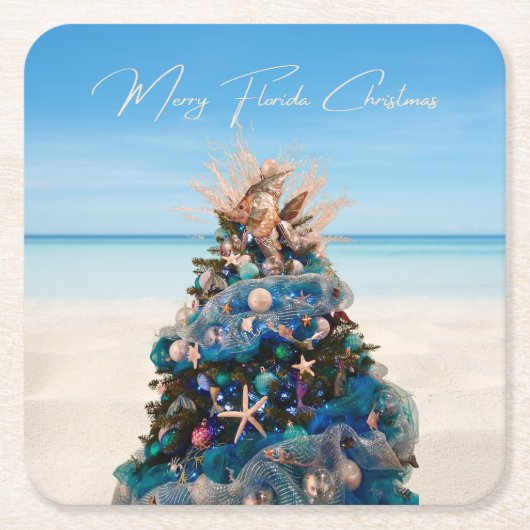 フロリメリーダクリスマストロピカルビーチホリデーツリー スクエアペーパーコースター (正面)