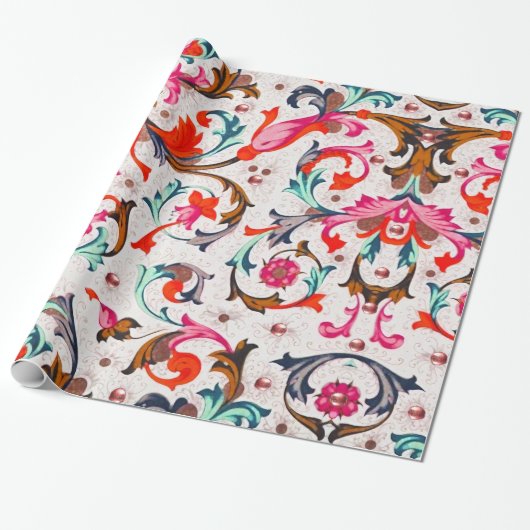 フロレンティア ルネサンス 赤 花の渦巻き, 花 ラッピングペーパー (アンロールド)