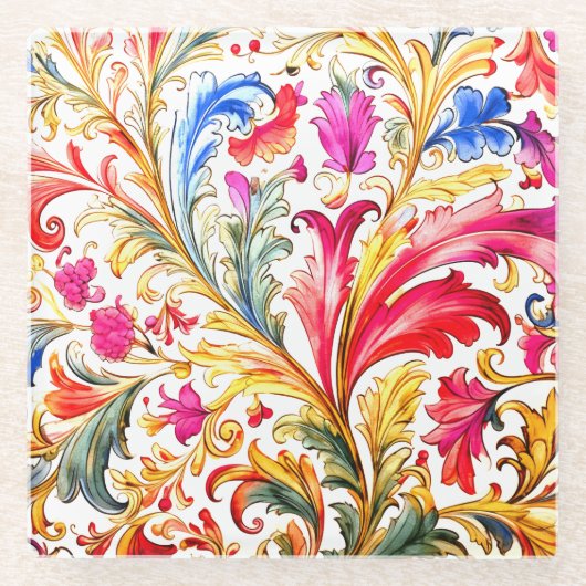 フロレンファンシーチンデザイン水の色葉の ガラスコースター (正面)