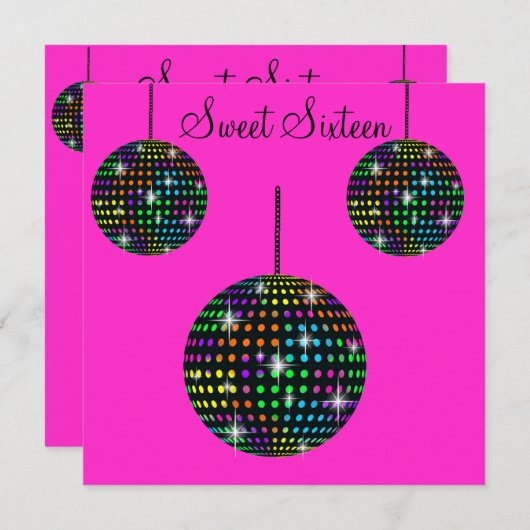 フロロピンクのディスコボールSWEET SIXTEENパーティー 招待状 (正面/裏面)