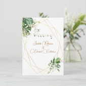 フロントとバックグリーン熱帯葉金ゴールド幾何学模様 招待状 (スタンド正面)