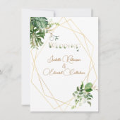 フロントとバックグリーン熱帯葉金ゴールド幾何学模様 招待状 (正面)