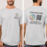 フロントバックプリント会社ロゴ&QRコードビジネス Tシャツ<br><div class="desc">ビジネスのプロモカスタムーションや従業員のユニフォーム用に独自の会社のロゴをスキャン可能な広告Tシャツを作成する。ジェネレータを使用して独自のQRコードを作成するには、単にウェブサイトのURLをテンプレートに入力する。すべての用語はパーソナシンプルライズまたは削除する場合の用語である。色、フォント、ロゴの透明度もZazzleデザインツールで変更する簡単である。名前、Webサイト、ソーシャルメディアページ、スローガン、電話番号など、任意の文字を含める。スキャン可能なコードは、クライアントがWebサイトをオンラインで検索し、インターネットマーケティングに接続するための簡単を作成する。クリーンな基本的な灰灰色のヘザーデザインは、QRコーカスタムド、あなたのロゴと黒のミニマルモダンリストタイポグラフィを生成した。マーケティングのゴールに合わせて少量とバルクの両方で利用可能企業の、これらのブランドのシャツは会議とトレードショーの景品スワッグまたは単にスタッフとクルーのティーとして適していスタイリッシュる。汎用性の高いレイアウトは、起業家や大企業の簡単が会社のブランディングにプロフェッショナルスタイルをエレガント提示する。</div>