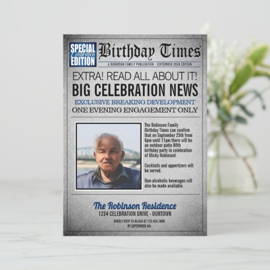 フロントページ新聞の誕生日パーティー招待状 招待状 (スタンド正面)