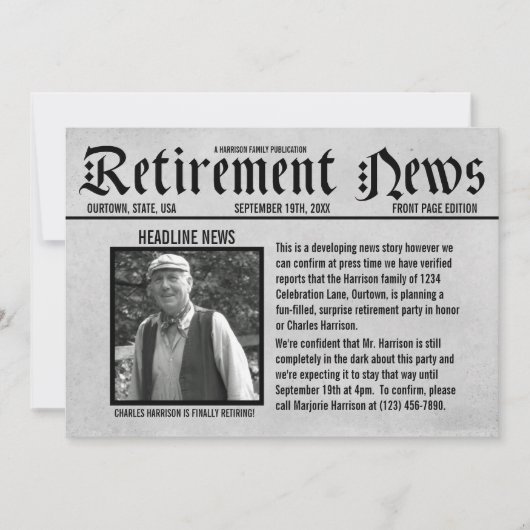 フロントページ新聞社の退職パーティの招待状 招待状 (正面)