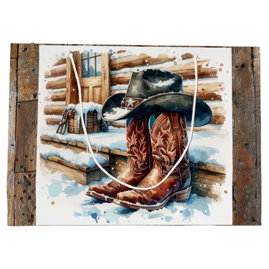 フロントポーチクリスマスのカウボーイブーツ ラージペーパーバッグ (裏面)