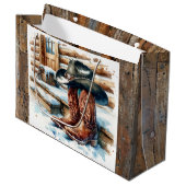 フロントポーチクリスマスのカウボーイブーツ ラージペーパーバッグ (正面アングル)