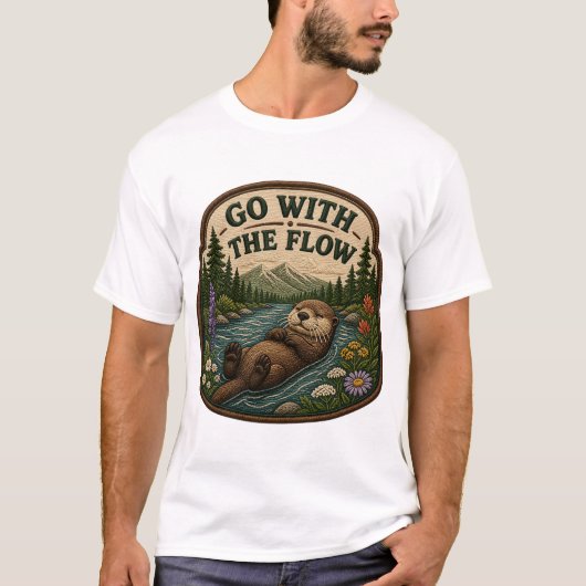 フローに身を任せて ワッペン かぎ針編み ラッコ Tシャツ (正面)