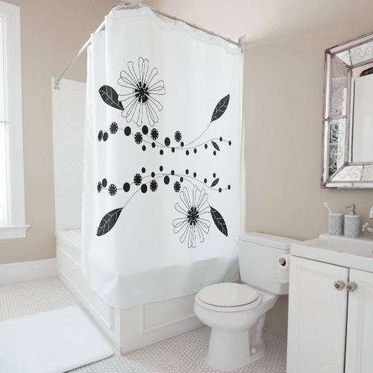 フローイング白黒フローラデザイン シャワーカーテン (インサイチュ)