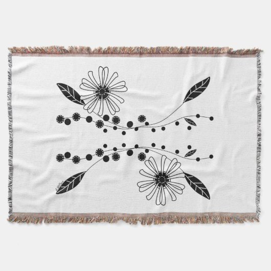 フローイング白黒フローラデザイン スローブランケット (正面)