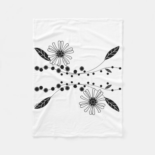 フローイング白黒フローラデザイン フリースブランケット (正面)