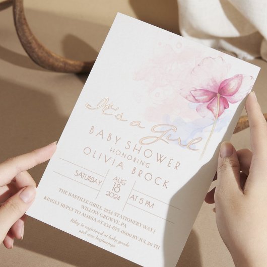フローゴールドフォイルモダンガールベビーシャワー招待状 箔招待状ポストカード